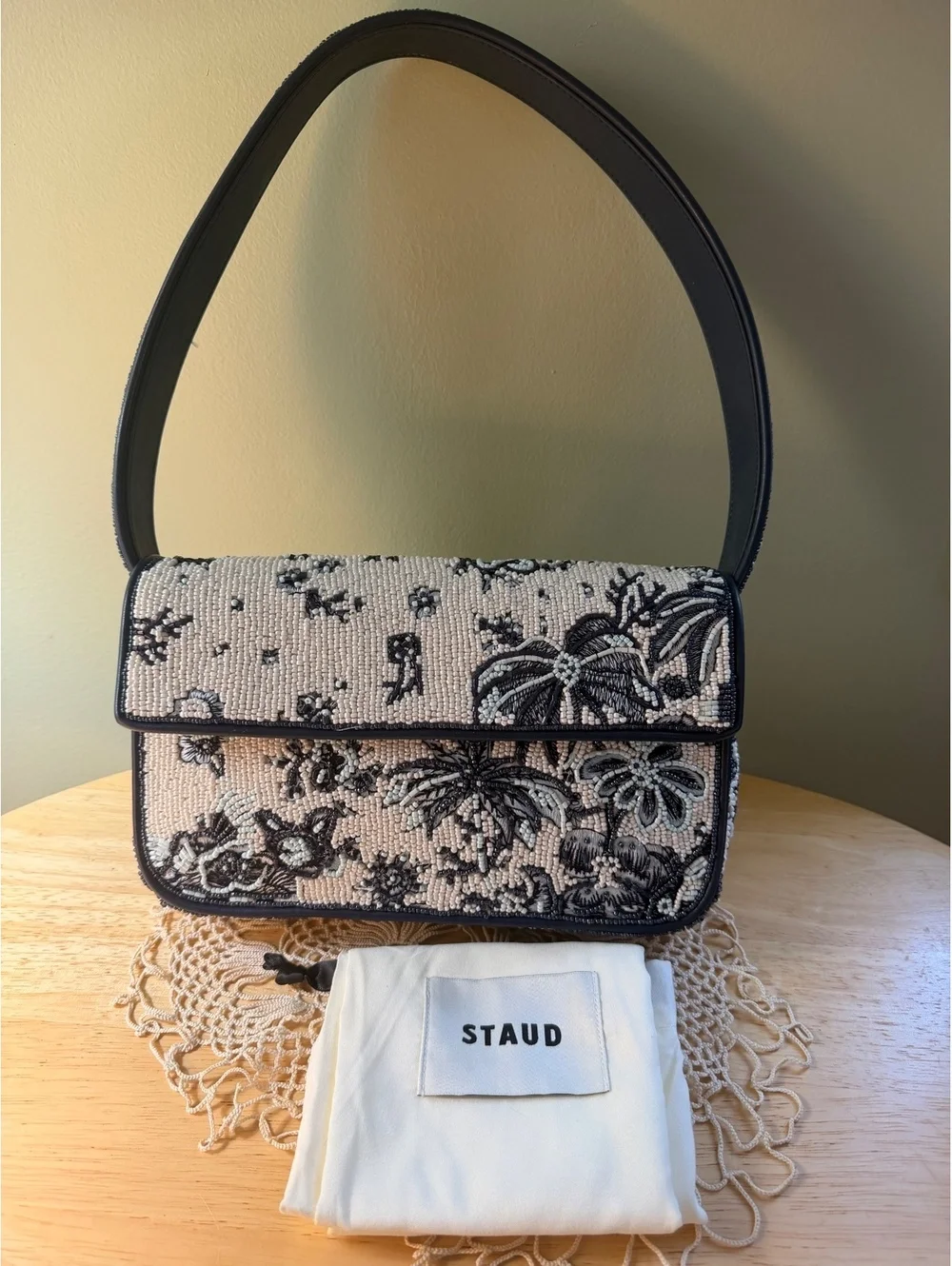 STAUD Tommy Hand Beaded Shoulder Bag with Vegan Leather Piping